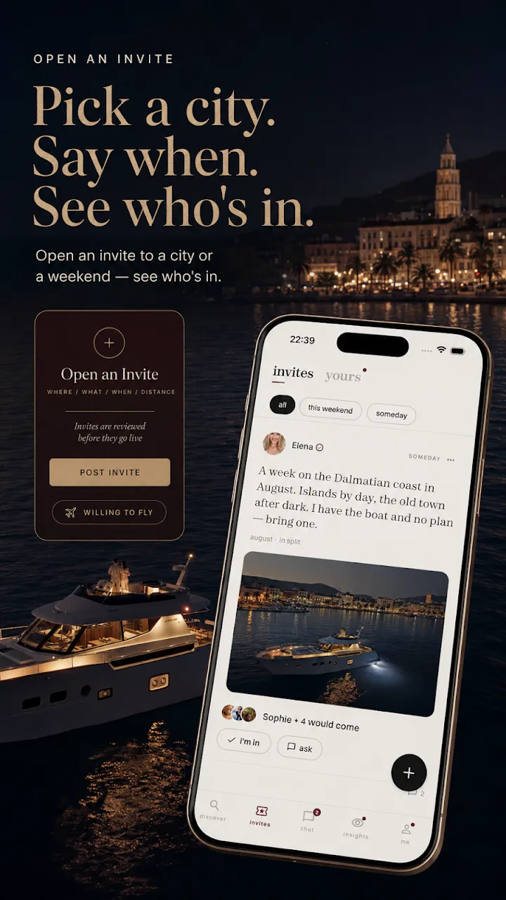 EliteSweet app — Open an Invite: pick a city, say when, see who's in
