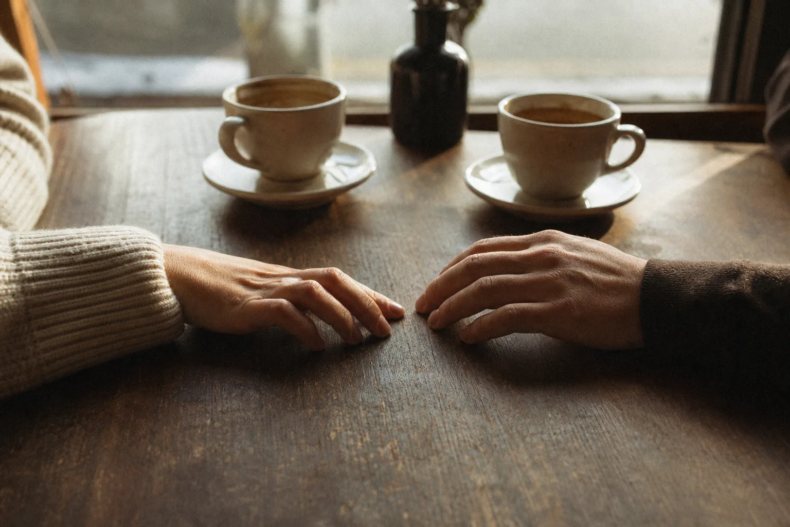 Two coffee cups of different sizes side by side on a sunlit table — two adults meeting as equals.