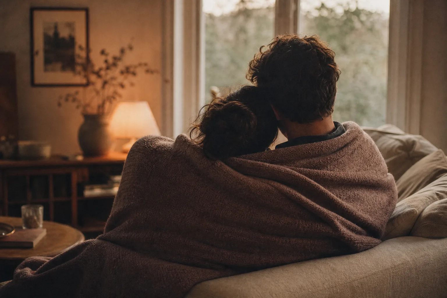 A couple sharing a calm, warm moment together in a softly lit café, suggesting trust and genuine connection.