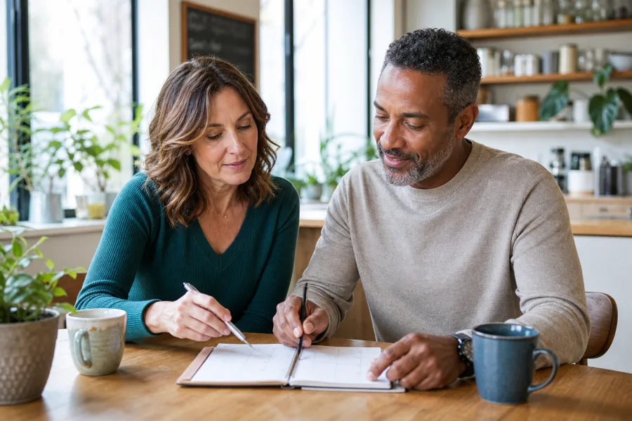 An adult over 40 and a trusted friend making an ordinary weekly plan together, showing recovery as supported forward movement rather than loneliness
