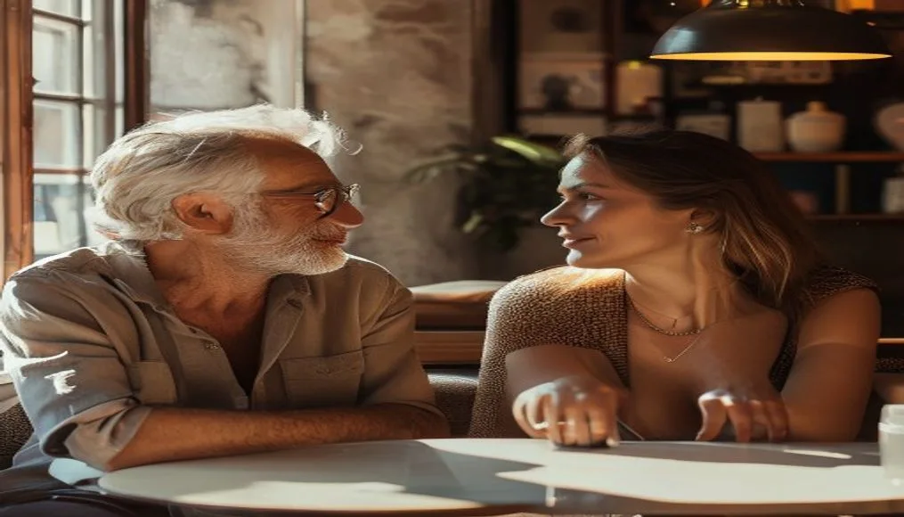 A distinguished older man and a younger woman in an honest, thoughtful conversation across a sunlit cafe table — genuine connection between equals.