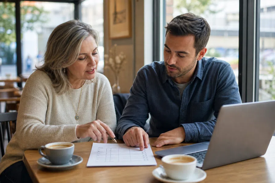 An older woman and younger man reviewing a platform checklist together, showing that both people share the dating decision