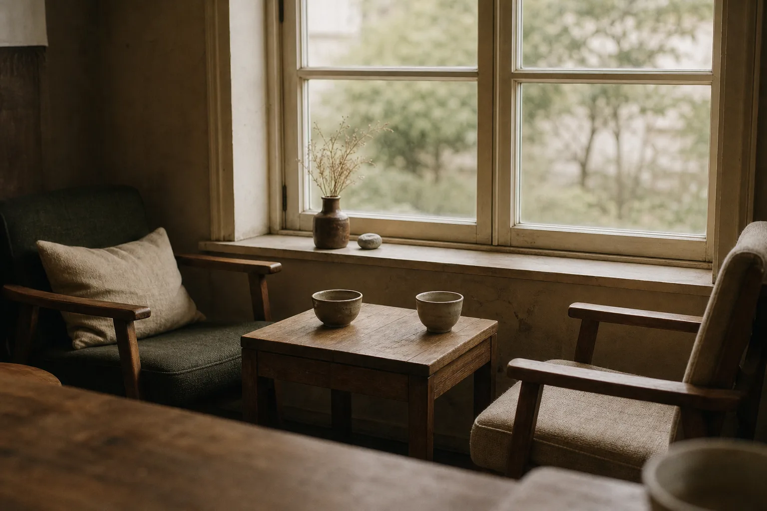 Two empty chairs facing each other across a small table by a window, set for an honest conversation