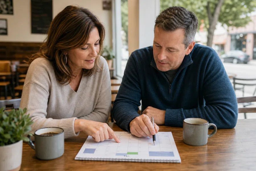 A woman caregiver in her 50s and a man in his 50s planning a flexible date together at a café
