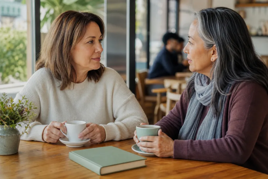 A woman caregiver in her 50s having a calm hour of her own at a sunlit neighborhood café