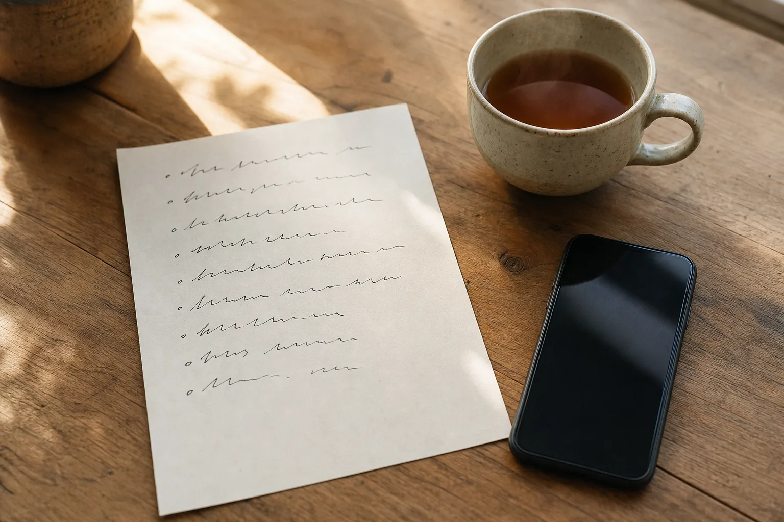 A handwritten relationship values list beside tea and an unbranded phone on a bright table