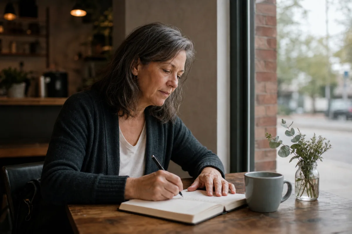 A mature woman in her 50s writing thoughtfully in a notebook as she dates with intention