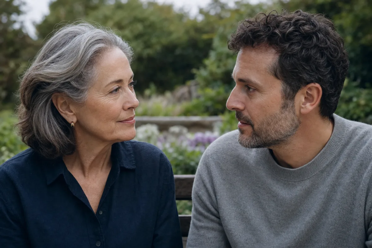 An age gap couple with an older woman in her 60s and a younger man in his 40s having a serious conversation