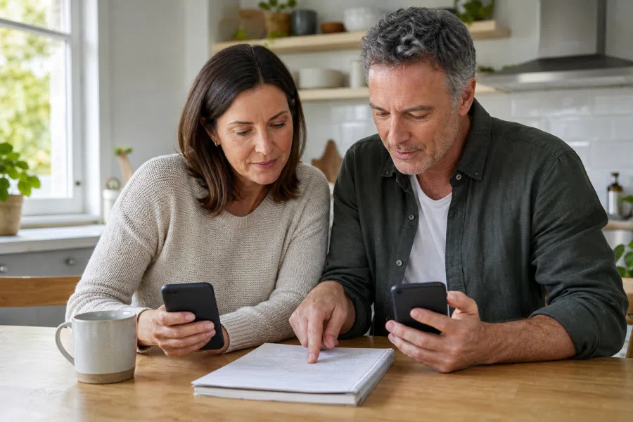 Two adults over 40 comparing dating apps together, showing that the best choice depends on evidence and everyday fit