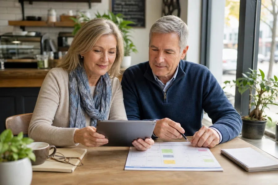 Two people over 50 comparing dating options together, showing that retirement rhythm and everyday usability belong in the decision