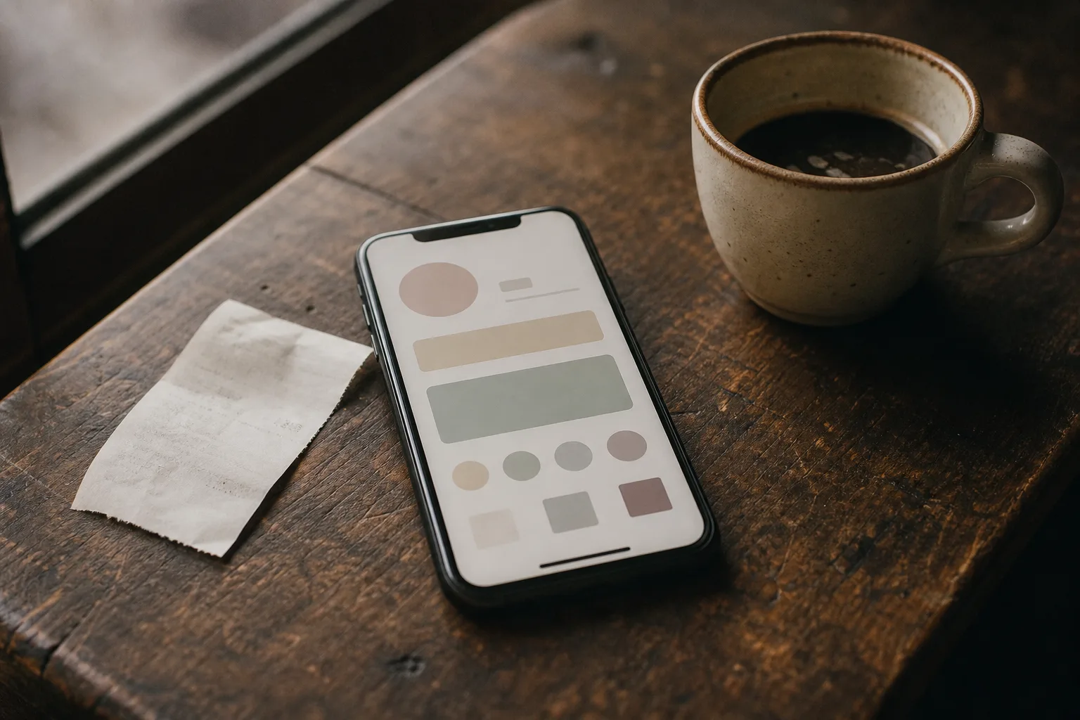 A subscription renewal notice and a calculator on a desk, lit by soft window light — the moment before a dating-app payment.