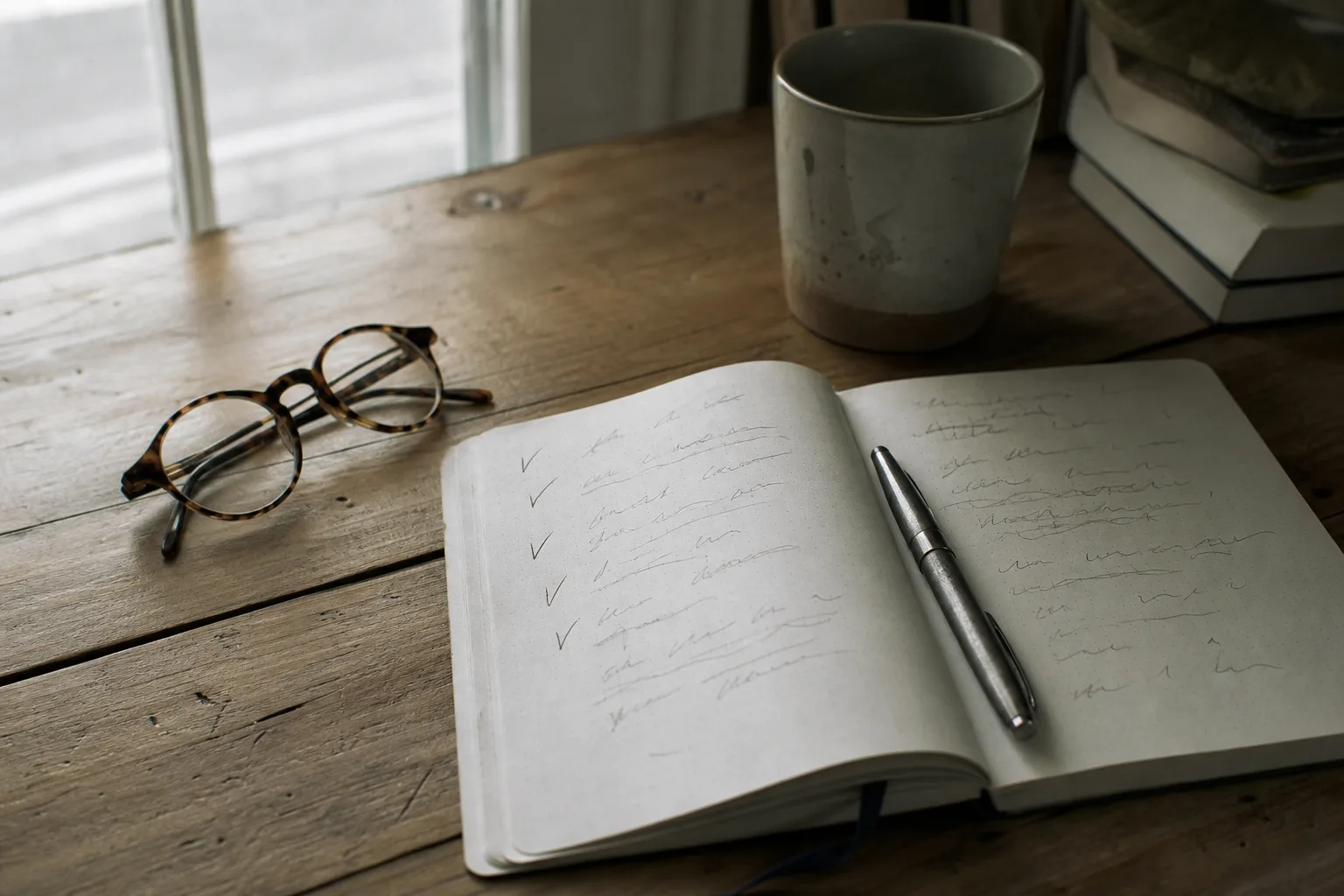 An open notebook with a short handwritten checklist, a pen, and reading glasses on a desk by a window — doing your homework before subscribing.