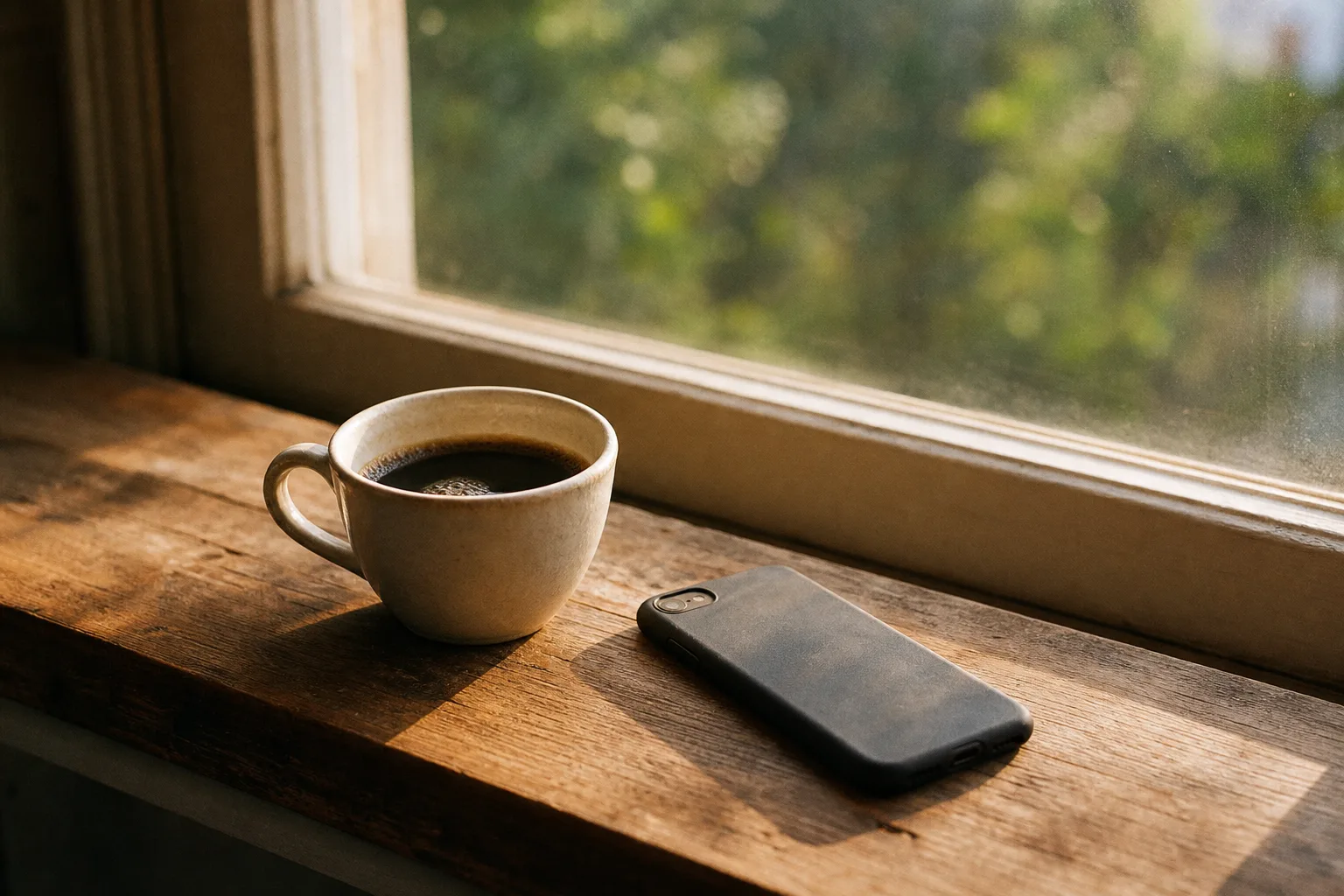 A cup of coffee and a phone resting face-down on a sunlit windowsill on a quiet morning — a calm pause before deciding.