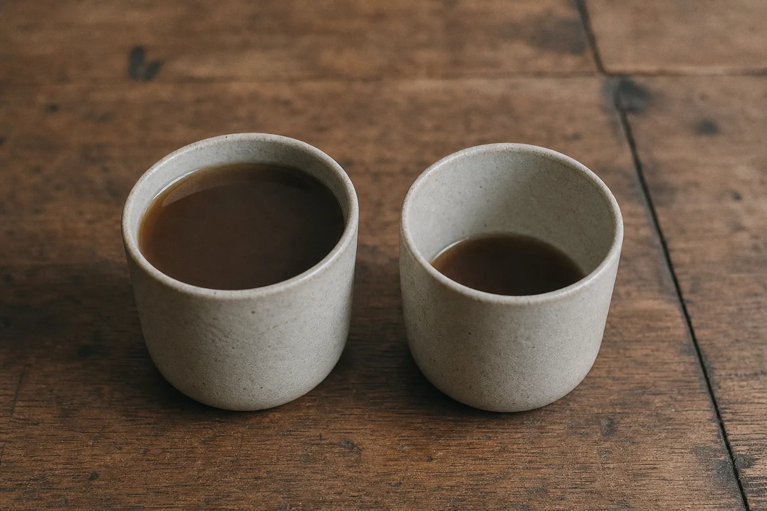 Two identical ceramic cups on a wooden table, one filled much more than the other — the same thing, at very different value.