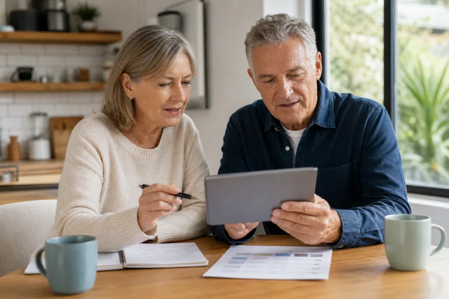 Two adults over 60 reviewing dating costs together, showing that a free claim should be checked against messaging, renewal, and cancellation terms