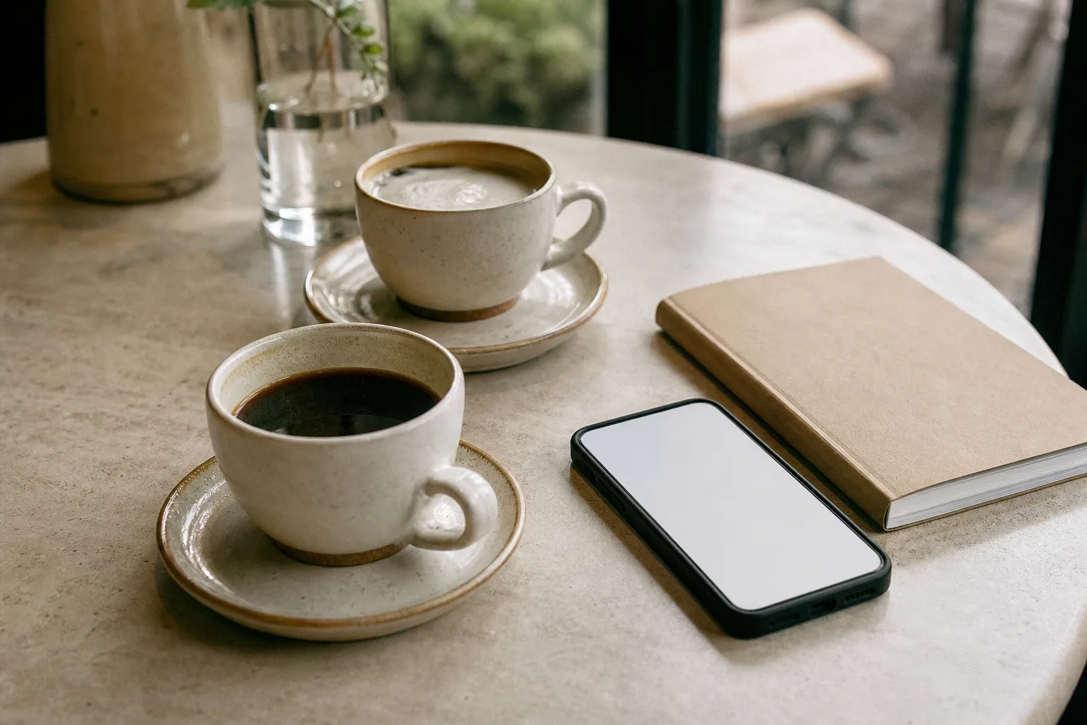 Two cups of coffee and a smartphone on a bright café table beside a small notebook, with no people visible
