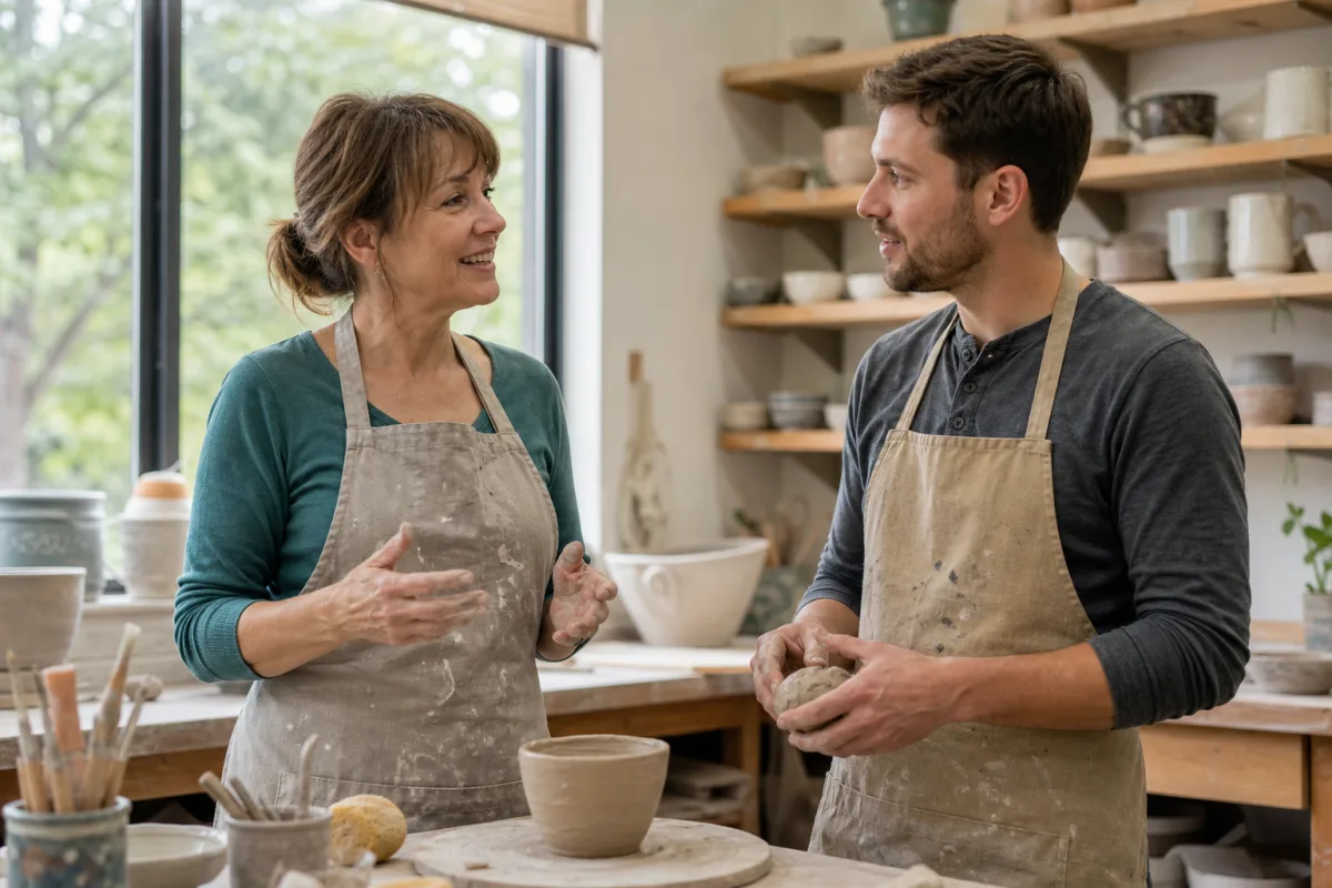 A woman in her late forties and a man in his early thirties talking in a community pottery class, both wearing aprons.