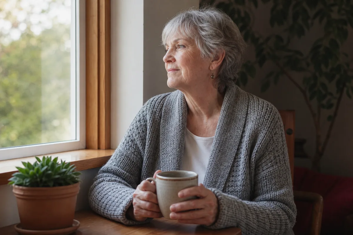A woman in her sixties sitting by a window with a cup of tea, looking out.