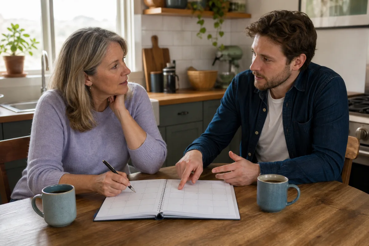 A woman in her fifties and a man in his thirties at a kitchen table, an open calendar between them.